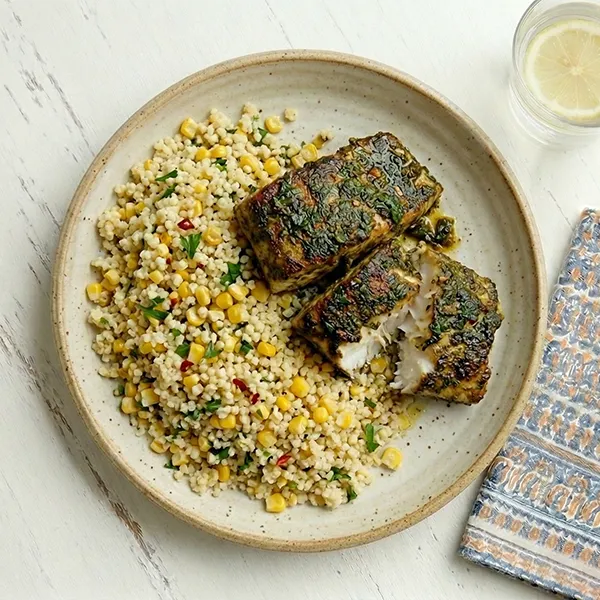 Chermoula Rubbed Fish With Sweet Corn Couscous